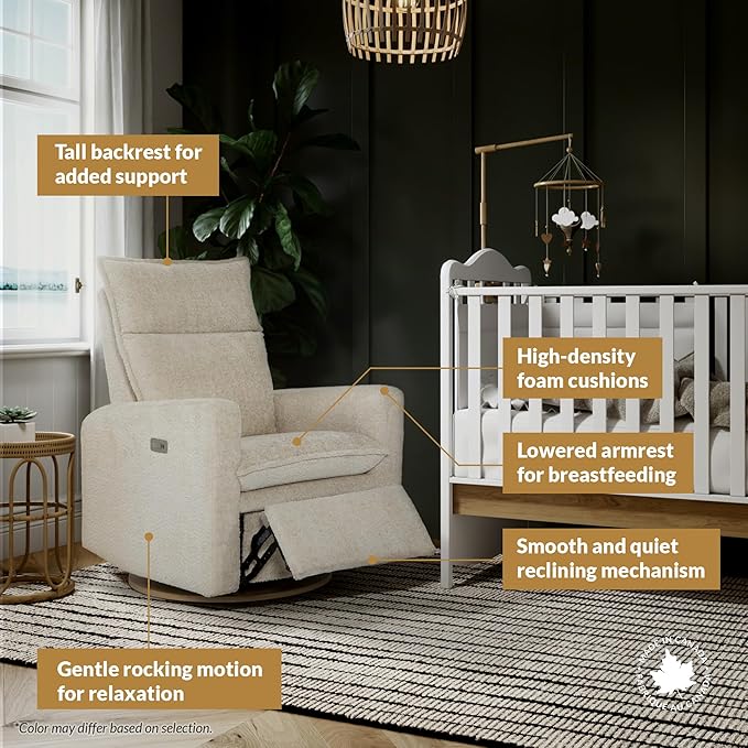 Arya Modern Nursery Chair Glider Recliner with 180° Swivel - Cozy Motorized Reclining Nursing Chair with USB Ports, Gentle Motion, Ergonomic Design, Canadian-Made (Ivory/Nubia Fabric)-CubbioJoy