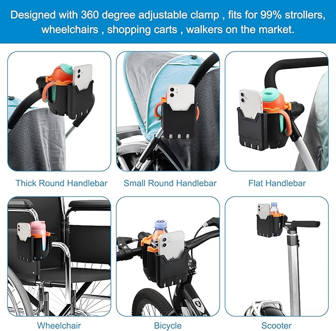 Accmor Stroller Cup Holder with Phone Holder, Universal Cup Holder, Bike Cup Holder, 360° Rotatable Large Caliber Drinks Holder for Stroller, Bike, Wheelchair, Walker-CubbioJoy