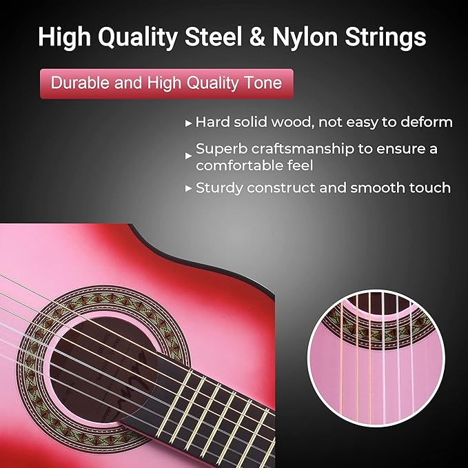 ADM Beginner Acoustic Classical Guitar 30 Inch Nylon Strings Wooden Guitar Bundle Kit for Kid Boy Girl Student Youth Guitarra Online Lessons with Gig Bag, Strap, Tuner, Extra Strings, Picks,Pink 1-CubbioJoy