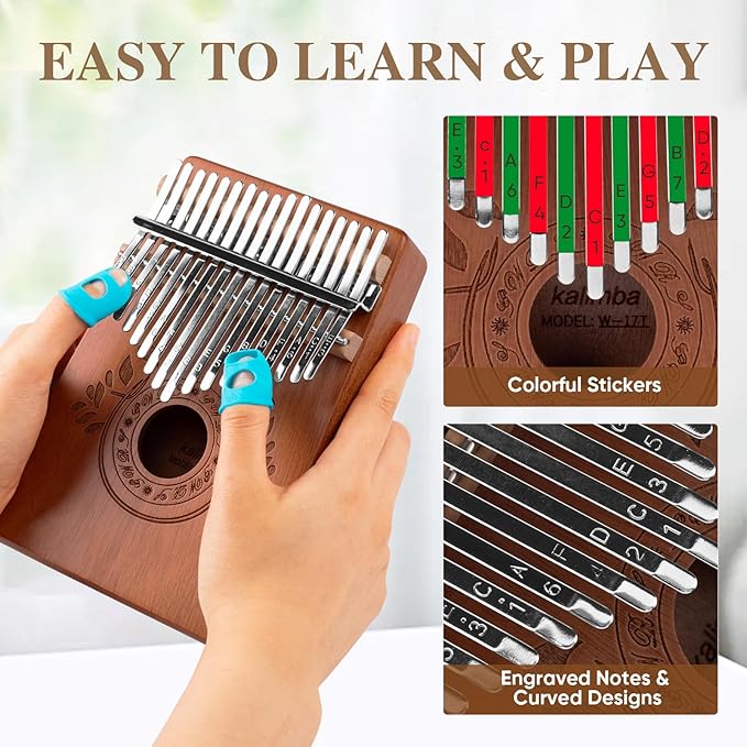 Kalimba Thumb Piano 17 Keys Instrument: Portable Mbira Finger Pianos Musical Gifts for Kids Adults Beginners - Mahogany Wood Handheld Piano with Tune Hammer, Music Book-CubbioJoy