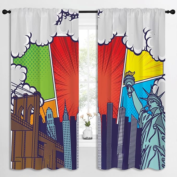 City Rod Pocket Blackout Curtains for Boy Girl Bedroom, Pop Art Style New York Cityscape Thermal Insulated Home Window Drapes for Living Room Darkening, 72x63 inch-CubbioJoy
