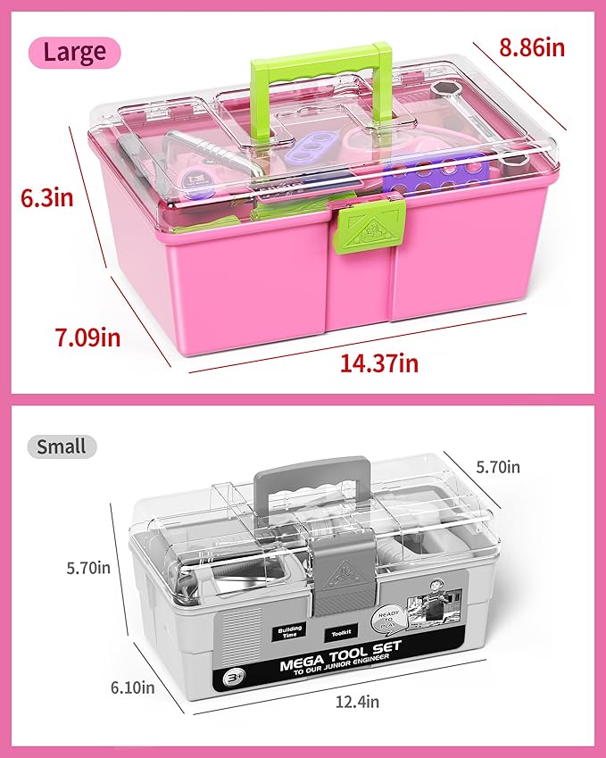 Deejoy 54Pcs Large Kids Tool Set with Electric Saw & Electronic Toy Drill, Pretend Play Kids Construction Set for Toddler 3-5 Years Old, Toddler Tool Set-Pink-CubbioJoy