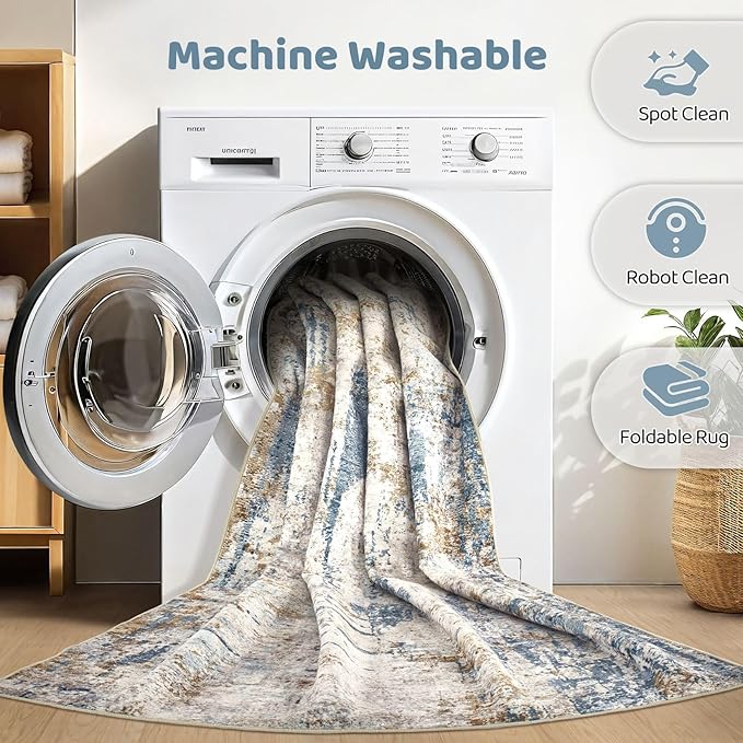 7x9 Area Rug Washable Rugs: Living Room Large Abstract Modern Soft Stain Resistant Indoor Floor Non Slip Accent Carpet for Bedroom Nursery Playroom Office Dining Room Dorm Home House- Tan-CubbioJoy