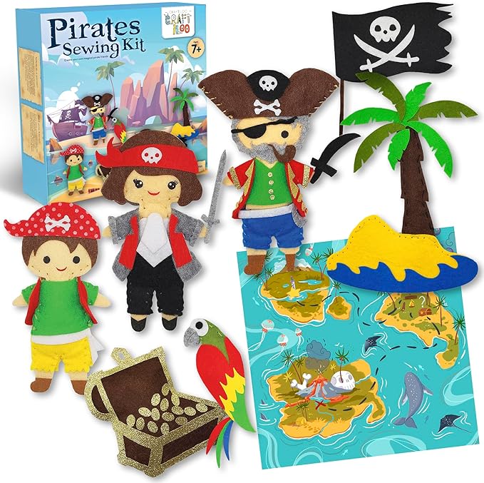 CRAFTILOO Pirates Pre-Cut Fun Kids Sewing Kit for Kids Ages 8-12 Children Beginners Sewing kit Kid Crafts Make Your Own Felt Pillow Plush Craft Kit Girls and Boys Art Craft Kits Learn to Sew Kit-CubbioJoy