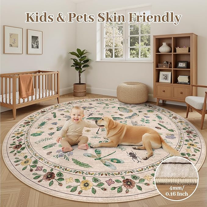 6ft Washable Round Rug - Bug Rugs for Living Room Non-Slip Low Pile Soft Ultra-Thin Machine Washable Circle Carpet for Bedroom, Entryway, Nursery, Kitchen, Home Office (6' Round Beige)-CubbioJoy