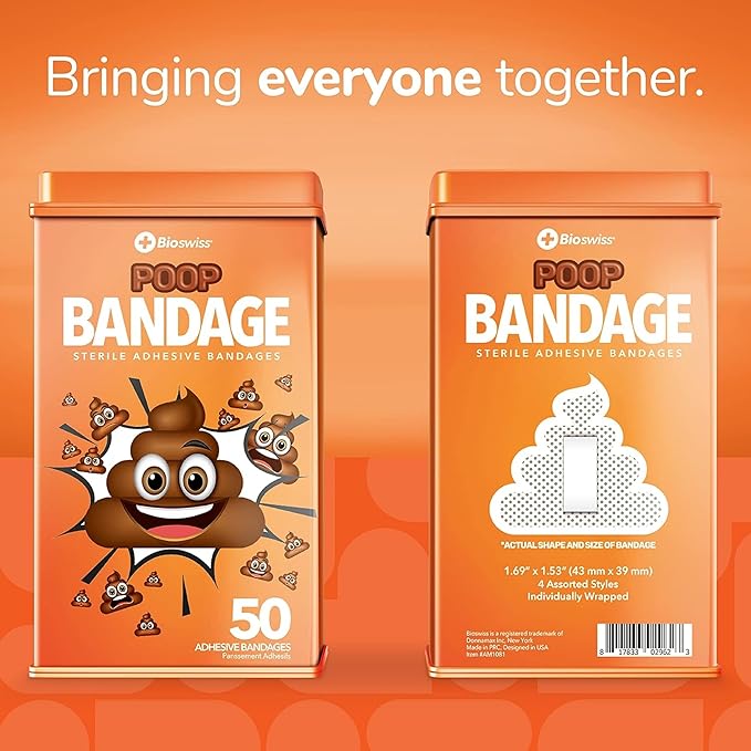 BioSwiss Bandages, Poop Shaped Self Adhesive Bandage, Latex Free Sterile Wound Care, Fun First Aid Kit Supplies for Kids, 50 Count-CubbioJoy