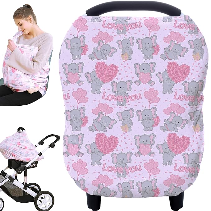 Baby Car Seat Covers, Carseat Canopy, Boys Girls Privacy Breastfeeding Cover (Cute Elephant)-CubbioJoy