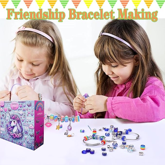 AIPRIDY 208 Pieces Charm Bracelet Making Kit,Unicorn Mermaid Crafts Gifts Set Can Inspires Imagination and Creativity,Jewelry Making Kit Perfect Gifts for Girls 5-12 Years Old (Pink+Aqua Unicorn)-CubbioJoy