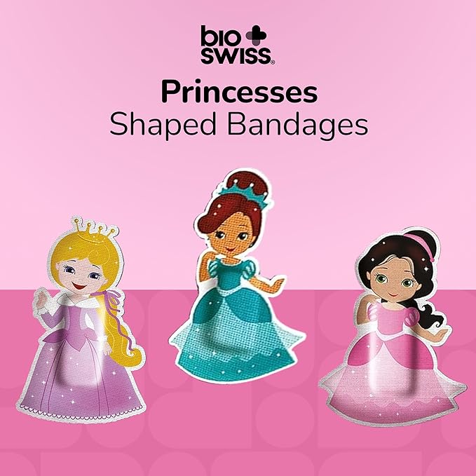 BioSwiss Bandages, Princess Shaped Self Adhesive Bandage, Latex Free Sterile Wound Care, Fun First Aid Kit Supplies for Kids, 24 Count-CubbioJoy