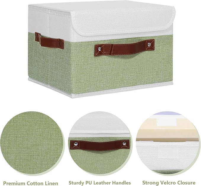 ANMINY 2PCS Storage Boxes with Lid Washable Decorative Storage Bins Basket with PU Leather Handle Foldable Linen Fabric Storage Cubes Containers for Home Closet Organizer - Green White, Large Size-CubbioJoy