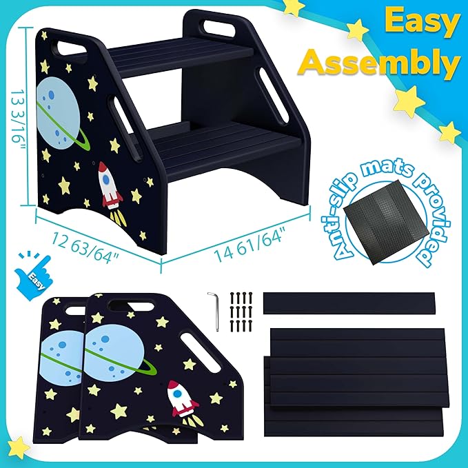 AMBIRD Toddler Step Stool, Space Wooden Two Step Stool for Kids with Non-Slip Pads, Portable Potty Training Stool with Handles for Bathroom, Sink, Kitchen, Bedroom-CubbioJoy