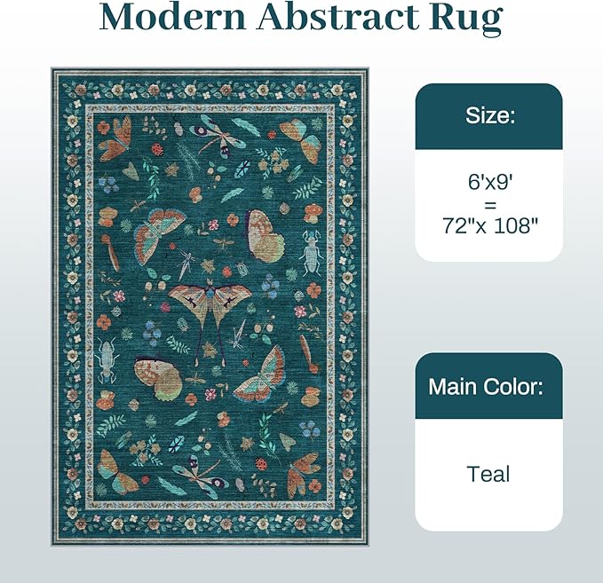 6x9 Rugs for Living Room with Insect Print - Bug Rug Non-Silp Stain Resistant Soft Carpet for Bedroom, Low Pile Ultra-Thin Machine Washable Carpet for Dining Room, Kids Nursery, Office (6'x9' Teal)-CubbioJoy