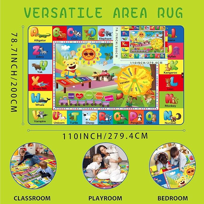 ABC Rug for Kids Room, ABC Mats for Floor Toddlers, Alphabet Play Mat Elementary Preschool Kid's Rugs wtih ABC, Numbers, Animals - (110X78.7 Inches)-CubbioJoy