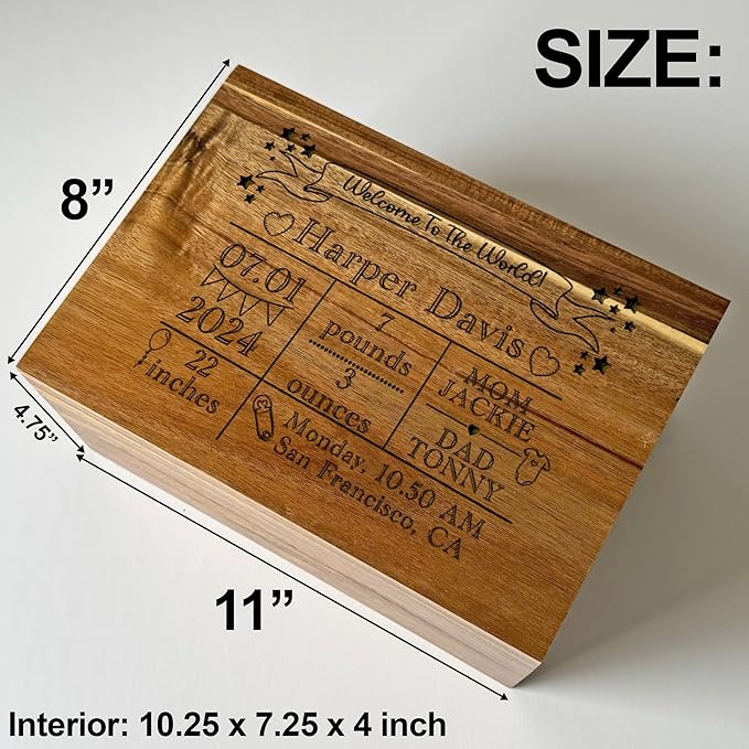 Custom Baby Gift Birth Stats - Newborn Keepsake Box for Memories - Custom Engraved Gift for Boy or Girl - New Born Memorabilia Boxes - Welcome to the World Memory Chest Baby Shower - 11 x 8 x 4.75 in-CubbioJoy