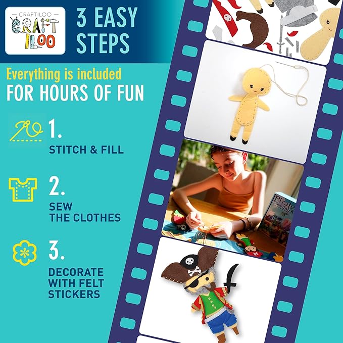 CRAFTILOO Pirates Pre-Cut Fun Kids Sewing Kit for Kids Ages 8-12 Children Beginners Sewing kit Kid Crafts Make Your Own Felt Pillow Plush Craft Kit Girls and Boys Art Craft Kits Learn to Sew Kit-CubbioJoy