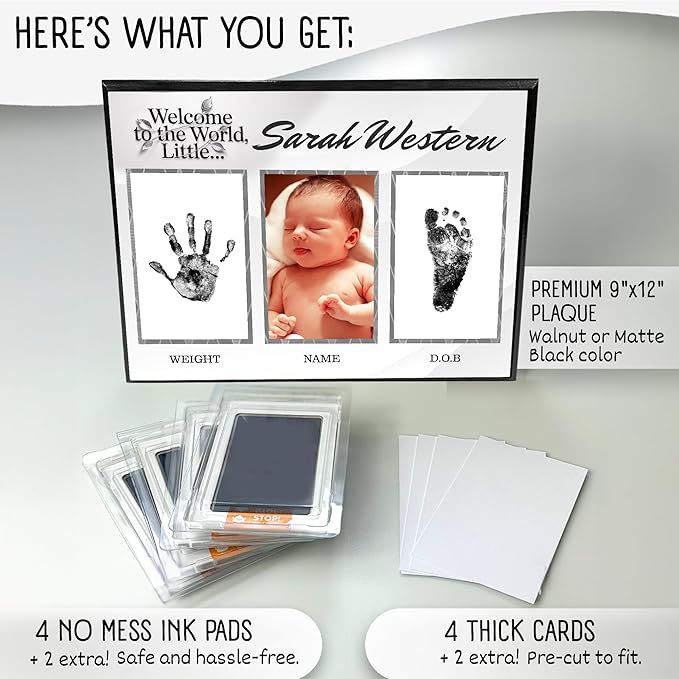 Baby Hand and Footprint Kit with Photo & Birth Details, Inkless Hand and Footprint Kit, Newborn Keepsake Plaque, Baby Shower Gifts (STYLE 1 (Fully Personalized) (Welcome To The World) (Neutral))-CubbioJoy