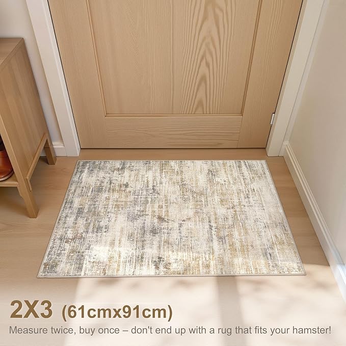 2x3 Entryway Area Rugs: Washable Neutral Abstract Small Rug Door Mat Non-Slip Soft Low Pile Indoor Carpe for Entrance Kitchen Front Door Bathroom Entry Kids Room - Golden Brown-CubbioJoy