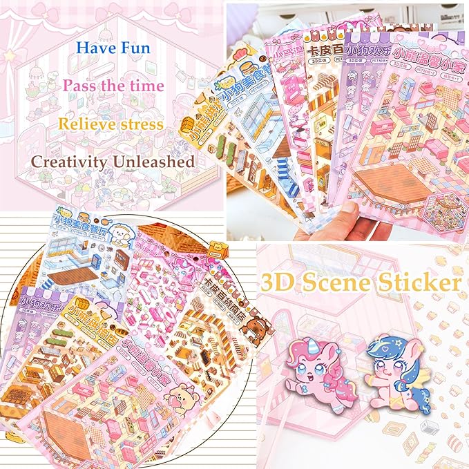 DIY 3D Sticker Scene, 6 Sets of Cute Miniature Isometric Stickers for Kids Adult Therapy Scenes Sticker Reuseable and Waterproof Stickers for Girl-CubbioJoy