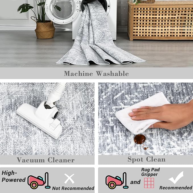 COZYLOOM Area Rug 4x6 Modern Washable Distressed Accent Carpet with Non-Slip Backing, Ultra-Soft Contemporary Geometric Floor Mat for Living Room, Kitchen, Bedroom, Grey-CubbioJoy