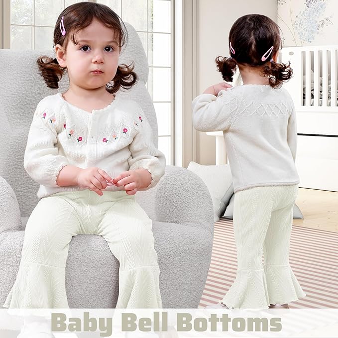 2 Pack Toddler Baby Girl Pants Flare Leggings Ribbed Knit Newborn Bell Bottoms Solid Ruffle Infant Pants for Girls-CubbioJoy