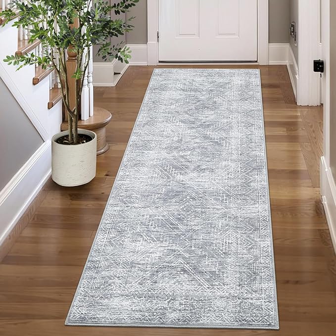 COZYLOOM 2x6 Runner Rug Hallway Modern Washable Distressed Accent Carpet with Non-Slip Backing, Ultra-Soft Contemporary Geometric Floor Mat for Living Room, Kitchen, Bedroom, Grey-CubbioJoy