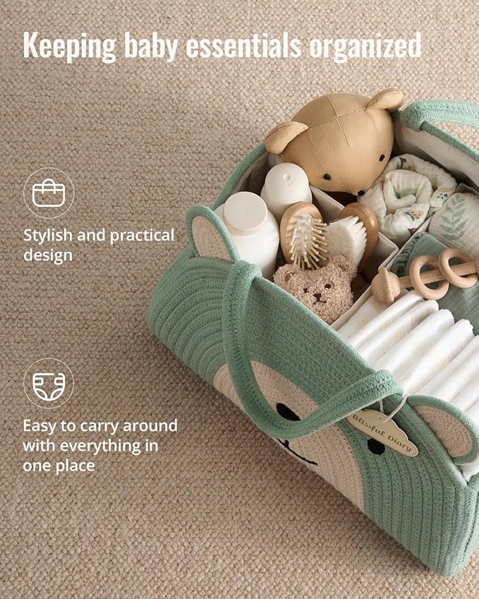 Blissful Diary Baby Diaper Caddy Organizer, Cotton Rope Diaper Caddy Basket, Large Storage Basket, Gift for Baby Shower, Newborn Essentials, Bear Roman Green-CubbioJoy