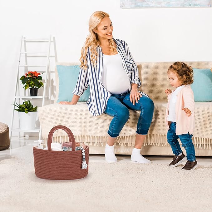 Baby Diaper Caddy Organizer for Girl Boy Cotton Rope Nursery Storage Bin Basket Portable Holder Tote Bag for Changing Table Car Travel Baby Shower Gifts Newborn Essentials Registry Must Have Rust-CubbioJoy