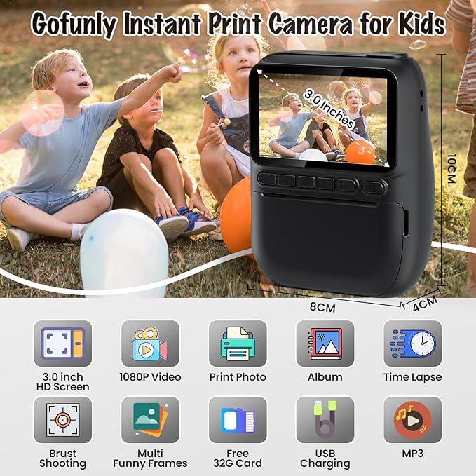 Instant Print Camera for Kids, 3.0" HD 1080P Digital Video Cameras with 3 Rolls of Printer Paper for Toddler, Birthday Gifts Toy for Girls Boys with 32GB SD Card (3.0 Style, Black)-CubbioJoy