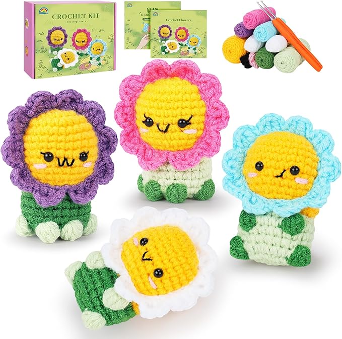 Crochet Kit for Beginners - 4PCS Flowers Complete Crochet Starter Kit with Step-by-Step Video Tutorials, Beginner Crochet Kits for Adults Kids Women, Flower Family Crocheting Set-CubbioJoy