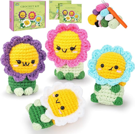 Crochet Kit for Beginners - 4PCS Flowers Complete Crochet Starter Kit with Step-by-Step Video Tutorials, Beginner Crochet Kits for Adults Kids Women, Flower Family Crocheting Set-CubbioJoy