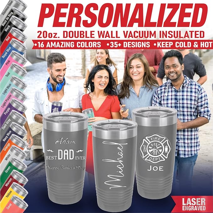 iProductsUS Personalized Tumbler for Men, Insulated Stainless Steel Travel Coffee Mug, Laser Engraved Custom Cup, Slider Lid Included, Gifts for Dad, Husband (Gray, 20oz)-CubbioJoy
