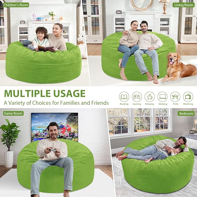4FT Bean Bag Chair, Large Bean Bag Chairs with Memory Foam Filled, Fluffy Beanbag Sofa with Dutch Velvet Cover, Round BeanBag Chairs for Living Room, Playroom - Lime-CubbioJoy