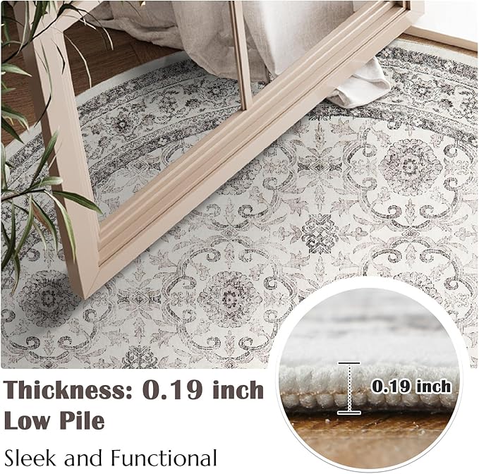 jinchan Round Rug 4ft Washable Circle Soft Rug - Low Pile Vintage 4'Round Indoor Beige Floral Print Stain Resistant Boho Carpet Ultra-Thin Non-Slip for Entryway Nursery Bedroom Dining Room Kitchen-CubbioJoy