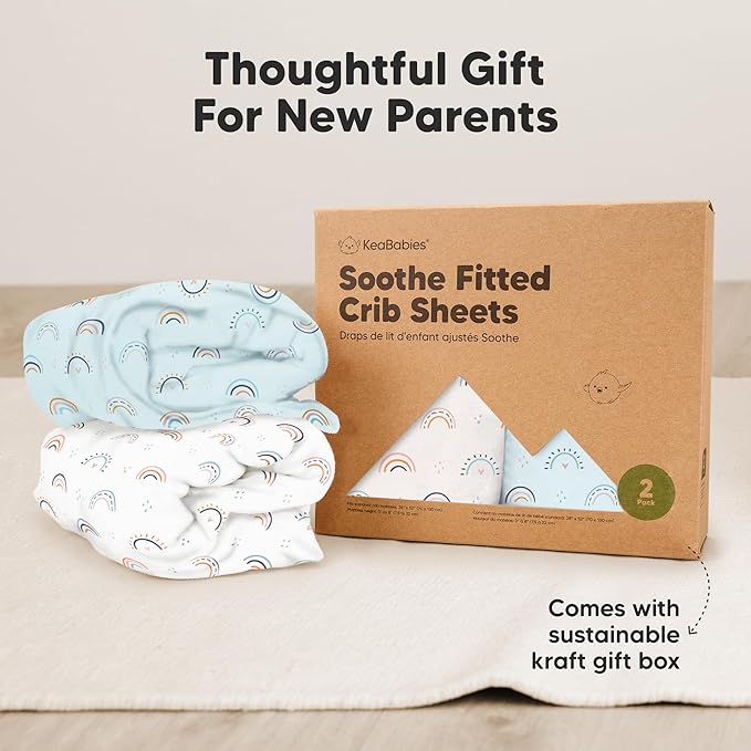 KeaBabies 2-Pack Organic Crib Sheets for Boys, Girls - 52x28 Fitted Crib Mattress Sheet Neutral, Breathable Jersey Cotton Cover for Baby Bed, Toddler Mattress, Soft & Cute Prints (Jolly Rainbow)-CubbioJoy