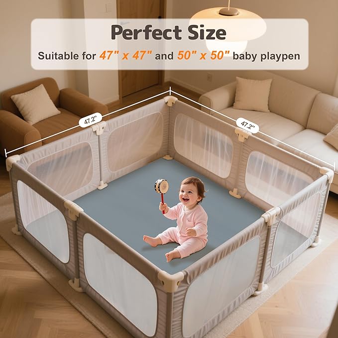 Baby Play Mat 47x47 Inches, Extra Thick 1.2" Foam Floor Mat for Tummy Time & Crawling, Waterproof Non-Slip Faux Leather Playpen Mat for Infants Toddlers, Indoor Outdoor Gym Activity, Blue-CubbioJoy