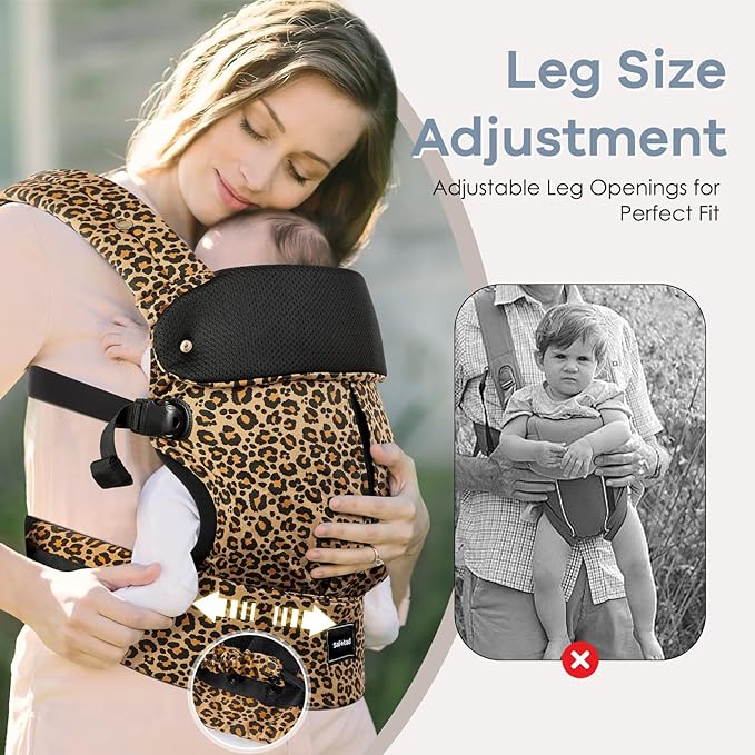 Baby Carrier with Lumbar Support, Cozy Baby Carrier Newborn to Toddler with Adjustable Seat Size, Ergonomic Infant Carrier with 3-Way Carry, Front Facing Toddler Hodler Carrier for Mom & Dad, Leopard-CubbioJoy