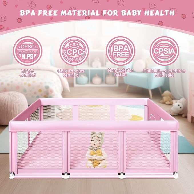 74" ×50" Large Baby Playpen, Baby Playard for Babies and Toddlers, Play Pens for Indoor & Outdoor, Sturdy Safety Play Yard with Soft Breathable Mesh, Anti-Fall, Pink-CubbioJoy
