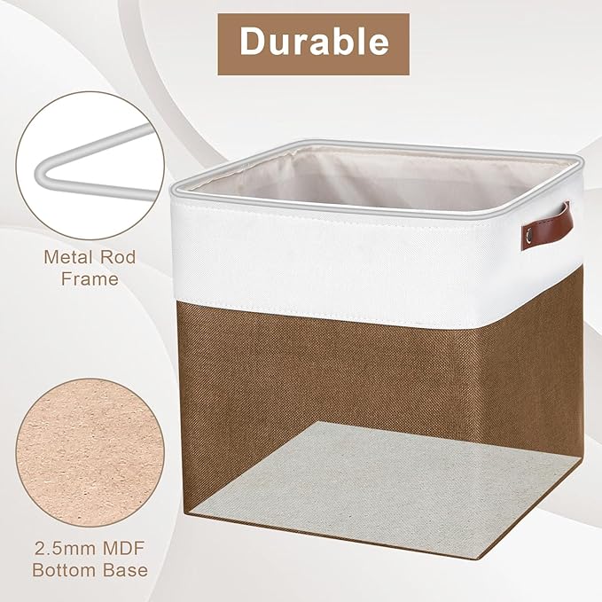 13x13 Cube Storage Bins, Collapsible Fabric Storage Box, 4 Pack Closet Baskets with Handles for Organizing, Shelf, Toys, Clothes, Home, Office, Nursery (Brown&White)-CubbioJoy
