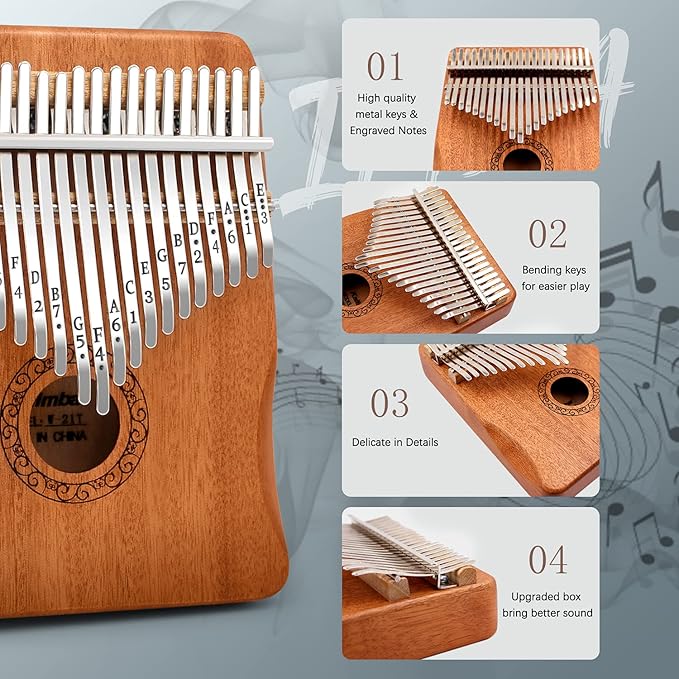 Kalimba Thumb Piano,YUNDIE Portable 21 Keys Mbira Finger Piano with Tune Hammer and Study Instruction,Musical Instruments Gift for Kid Adult Beginners Professional(Brown)-CubbioJoy