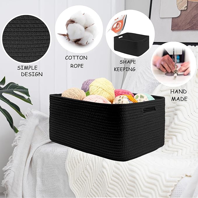 COMFY-HOMI Cotton Rope Woven Basket with Handles for Shelves,Toys,Book, Cloth Storage Baskets for Organizing-17" x 13" x 7.5" Toy Decorative Organizer for Living Room, Bathroom （all black）-CubbioJoy