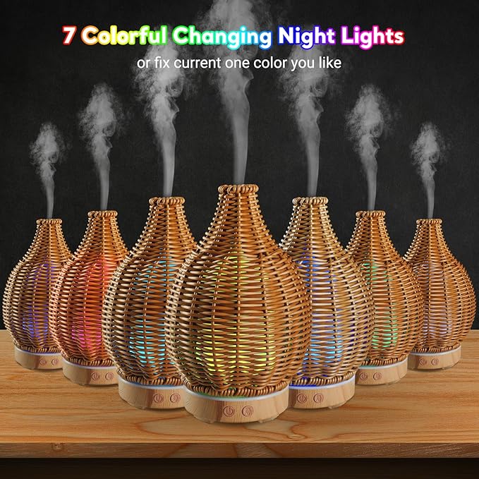 Boho Essential Oil Diffuser for Home Rattan Weaving with Remote Control, 100mL 7 Changing Color Lights Ultrasonic Aroma Humidifier, Noiseless Auto-Off Sleep Mode for Bedroom Office Workout-CubbioJoy