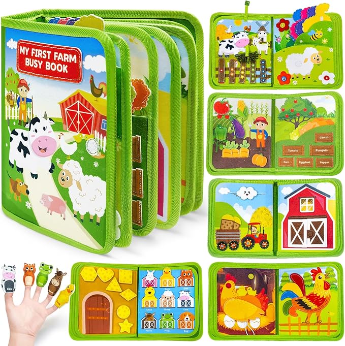 Busy Book for Toddlers 1-3, Montessori Toys for 1 2 Year Old Boy Girl Birthday Gifts, Busy Board Educational Learning Toys for 1+ Year Old, Toddler Airplane Travel Toy Farm Animals Activity Books-CubbioJoy