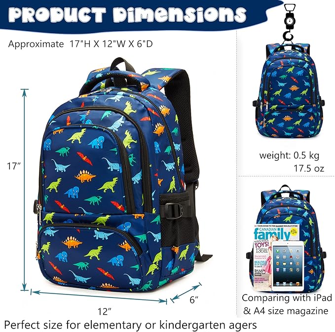 BLUEFAIRY Kids Backpack for Boys Elementary Primary Middle School Bags Back to School Bookbags Gifts Large Compartment with Tablet Sleeve Mochilas para niños 17" Dinosaur Navy Blue-CubbioJoy