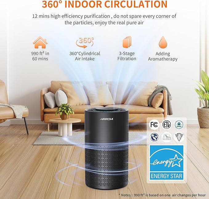AIRROMI Air Purifier for Bedroom with HEPA 3-in-1 Filter, Pet Air Purifier for Home Cat Pee Smell, Covers Upto 990 Ft², Quiet 360°intake Air Cleaner for pet hair,allergies,Dust,Smoke A2001 Black-CubbioJoy