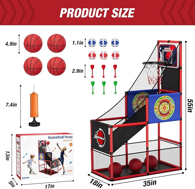 Basketball Arcade Game Indoor Outdoor, Kids Basketball Hoop with 4 Balls & Pump, Single Shot Basketball Game at Home, Carnival Games Sport Toys Gifts for Boys Girls Teens-CubbioJoy