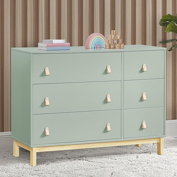 Delta Children babyGap Legacy 6 Drawer Dresser with Leather Pulls and Interlocking Drawers Greenguard Gold Certified, Sage Green w/Natural-CubbioJoy