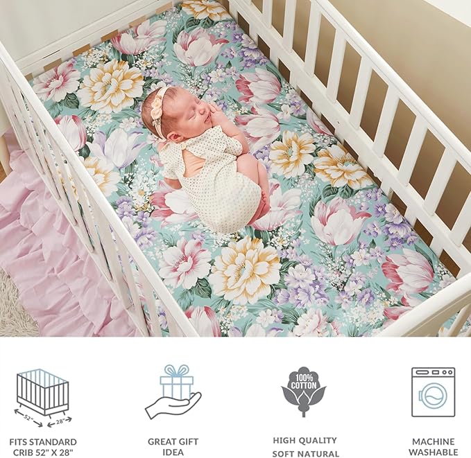 Brandream Crib Bedding Sets for Girls Garden Floral Nursery Set 3-Piece | Ruffled Baby Comforter, Crib Sheet and Tulle Lace Crib Bed Skirt, Green White-CubbioJoy