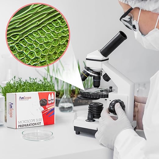 AmScope Microscope Slide Preparation Kit - Includes Blank Microscope Slides, Eosin Red & Methylene Blue Stain Powders, Tweezers, Swab & More - 22-Piece Kit-CubbioJoy