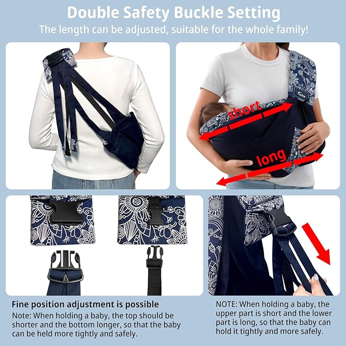 CUBY Wrap Baby Sling Carrier, Baby Wraps Sling Carrier Adjustable Breathable Lightweight Easy to Wearing - Baby Slings for Newborn Infant Toddler Front & Hip Carry Up to 40lbs (Dark Blue Floral)-CubbioJoy