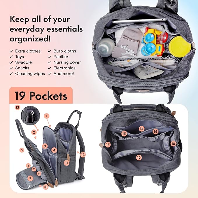 Dikaslon Diaper Bag Backpack with Portable Changing Pad, Pacifier Case and Stroller Straps, Large Unisex Baby Bags for Boys Girls, Multipurpose Travel Back Pack for Moms Dads, Dark Gray-CubbioJoy